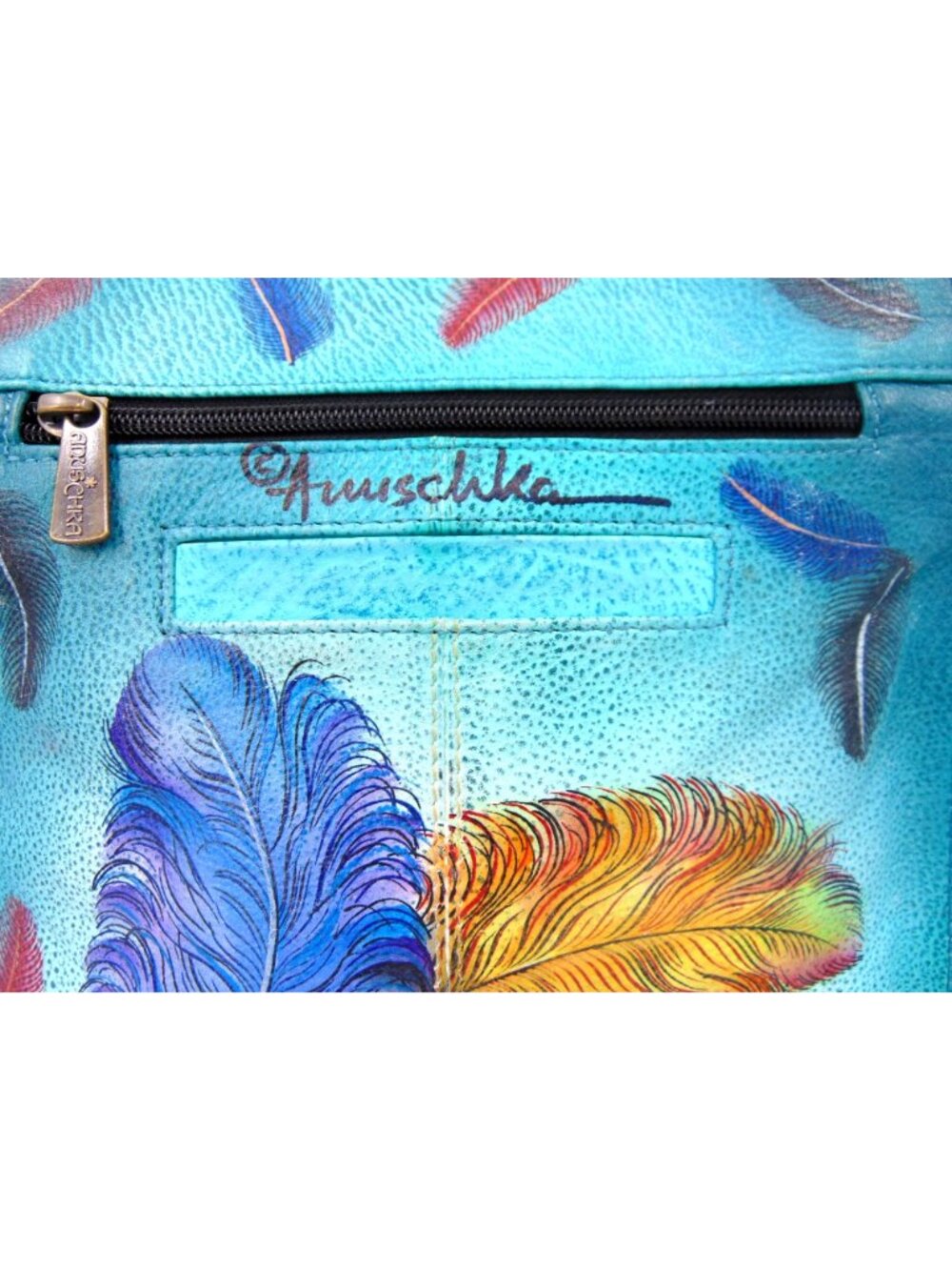 Anuschka Leather Crossbody Purse Wallet Teal Blue Feather Peacock Hand Painted - Picture 5 of 16
